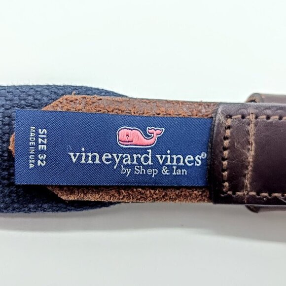 Vineyard Vines Navy Blue Canvas Lighthouse Leather Trim Belt - Picture 7 of 7